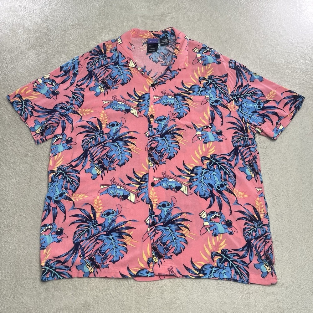 Disney Lilo & Stitch Pink & Blue Tropical Hawaiian Shirt Beach Camp Rayon XXL